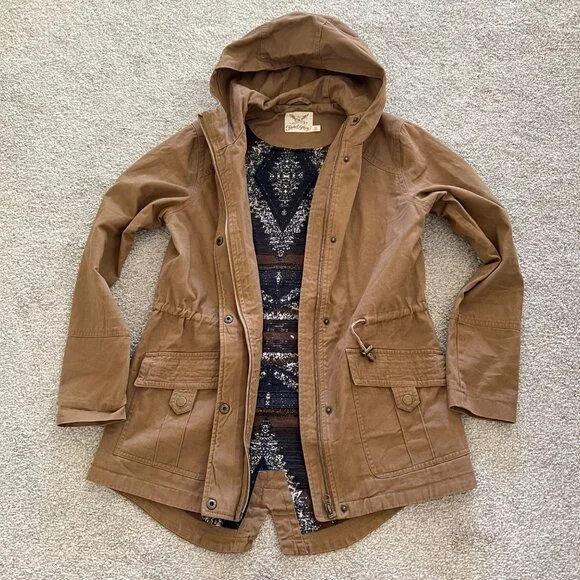 Vintage Faded Glory Hooded Utility Jacket with Drawstring Waist Aztec Lining S - Picture 8 of 11